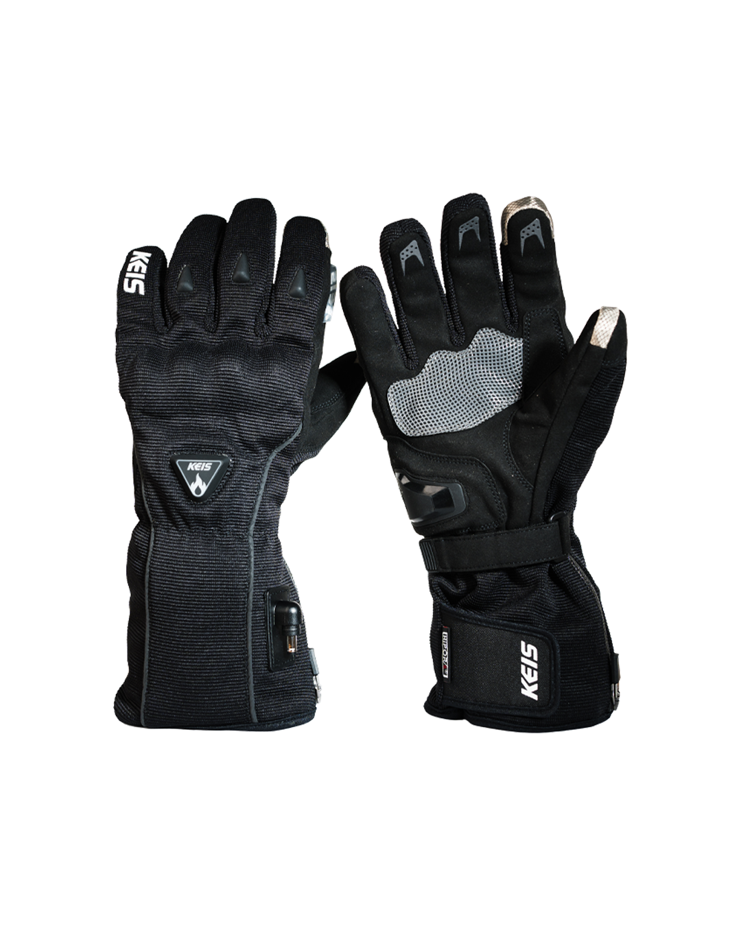 A pair of G701 heated gloves, one showing the back of the hand and cuff control button, the other the grey palm grip pad.