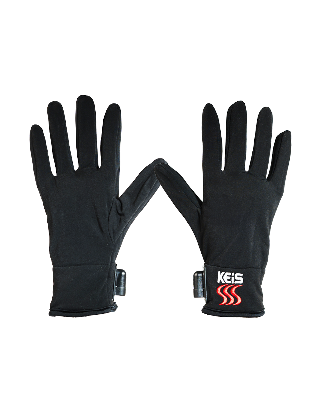A pair of G102 heated inner gloves, thin black stretch liners with a power connector at each wrist.