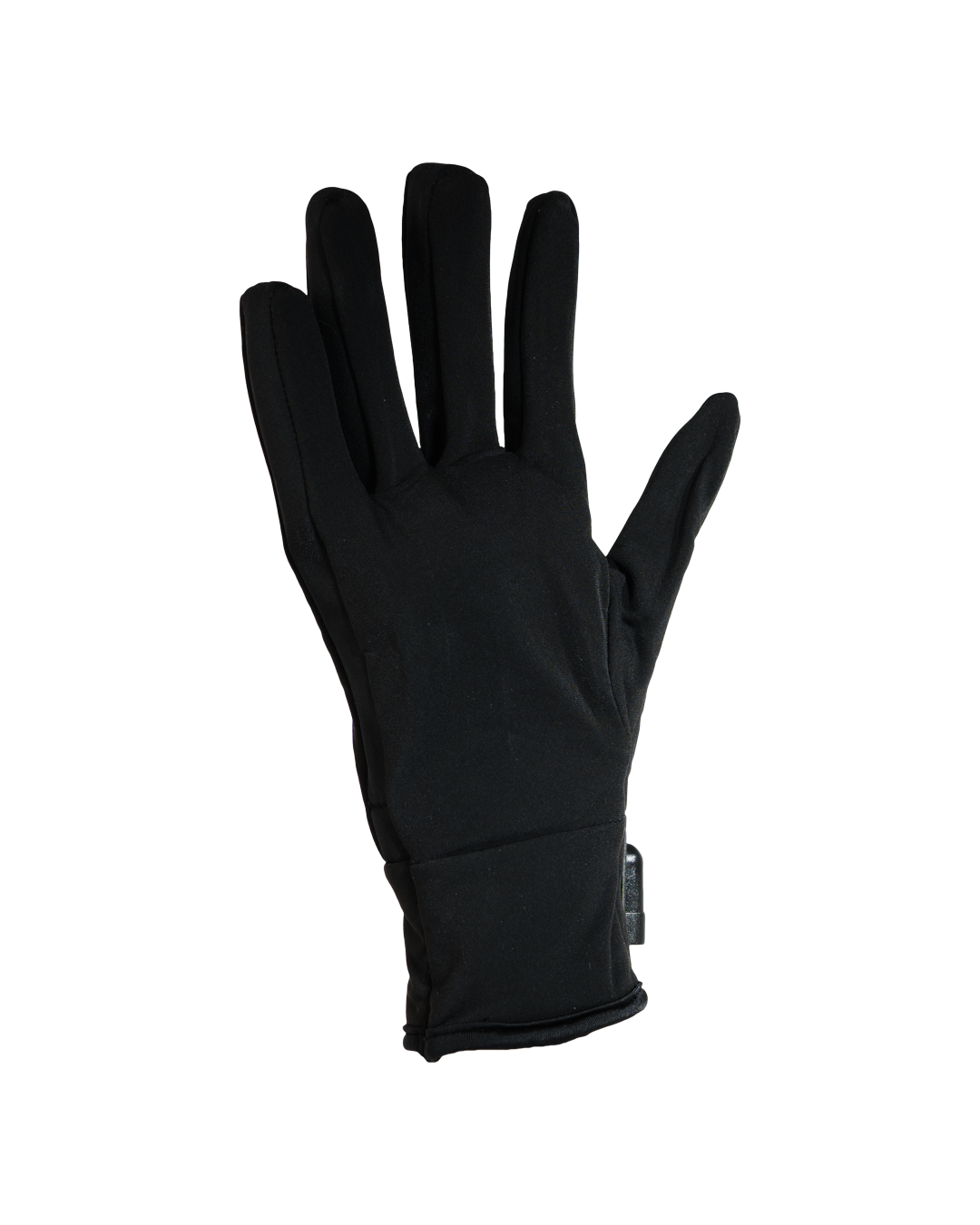 The palm of the heated inner glove, unmarked black stretch fabric with a rolled hem at the wrist.