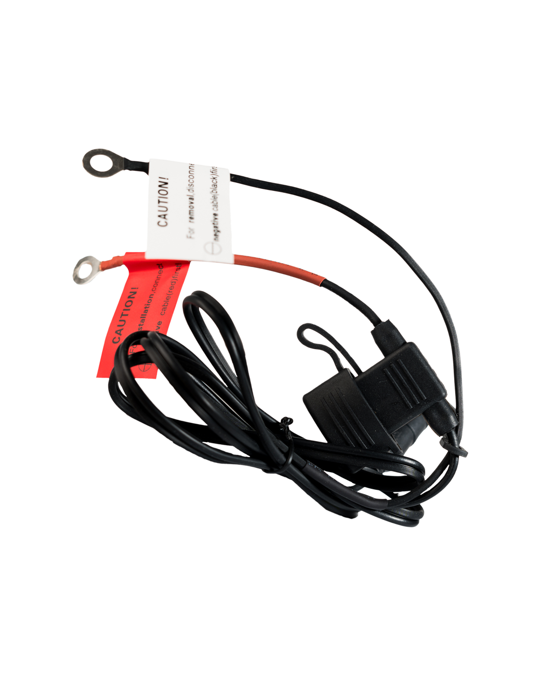 The vehicle supply lead coiled up, its red and black ring terminals at the top and a sealed inline fuse holder on the cable.