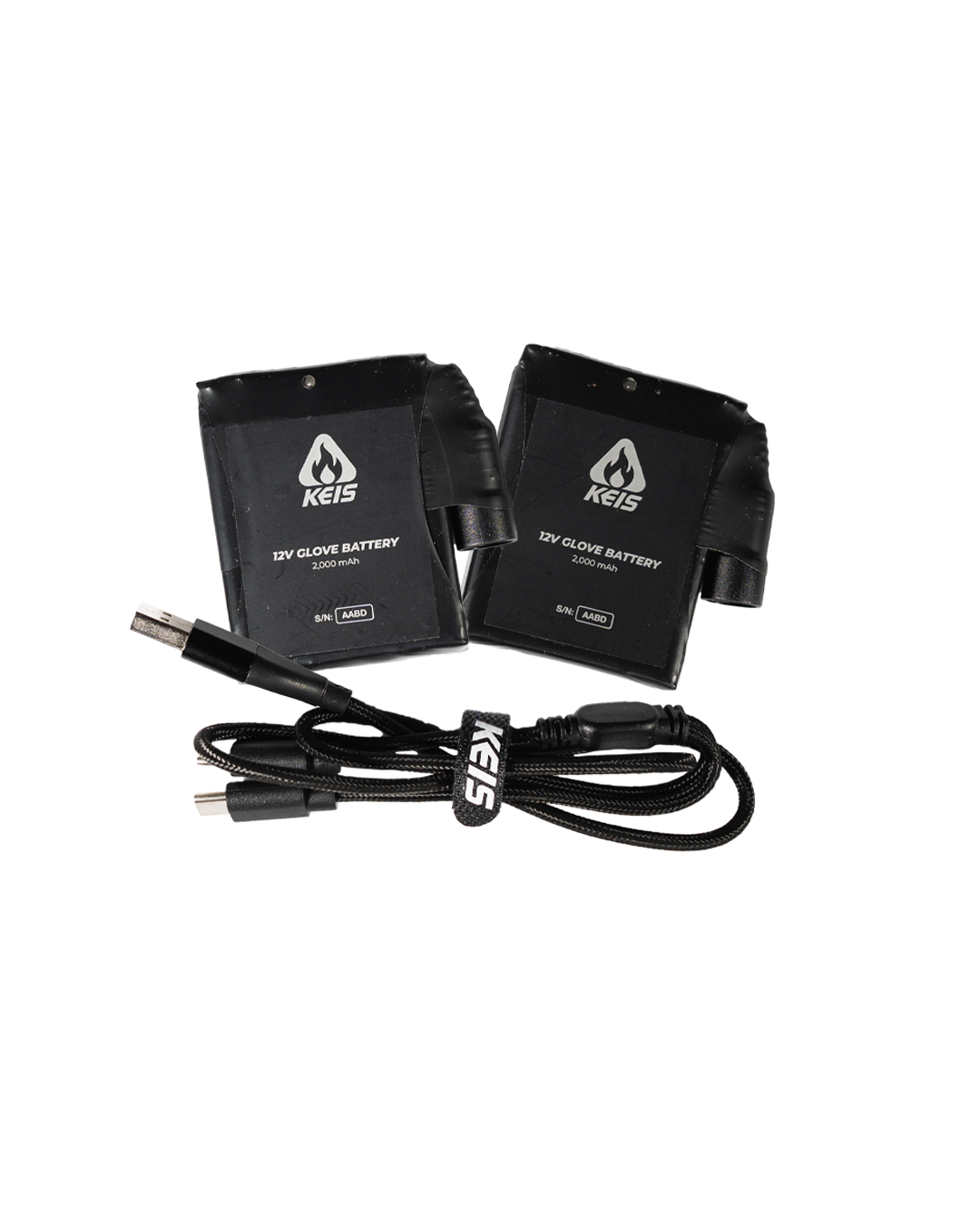 The two cells shown above the braided USB-C charging cable supplied with them.