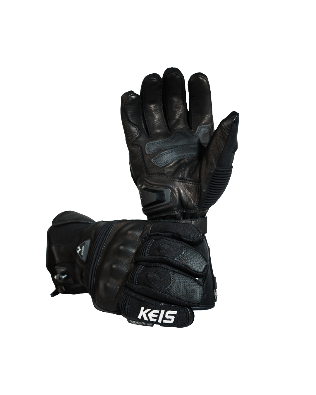 The two heated touring gloves in black leather, one upright and one laid in front with the KEIS wrist strap facing out.