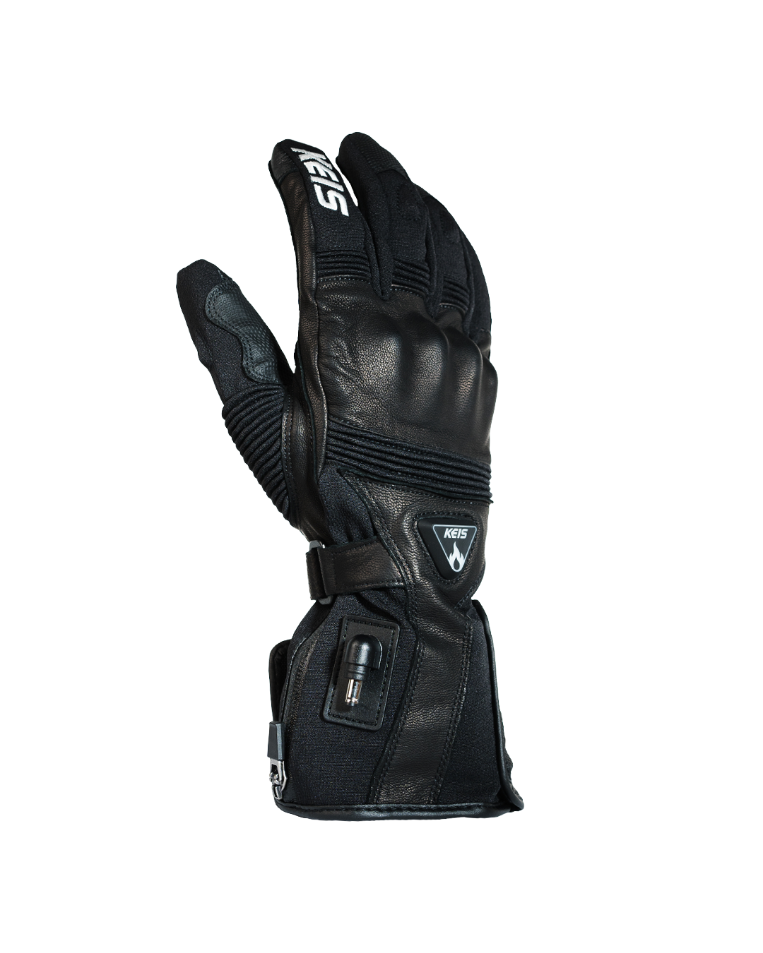 Back of a heated touring glove, with a moulded knuckle guard and the heat control button on the gauntlet cuff.