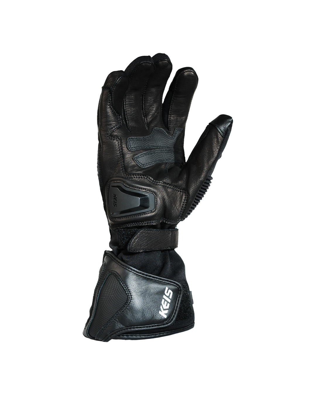 The heated glove's gauntlet cuff opened out flat, showing the leather panels and knuckle guard.