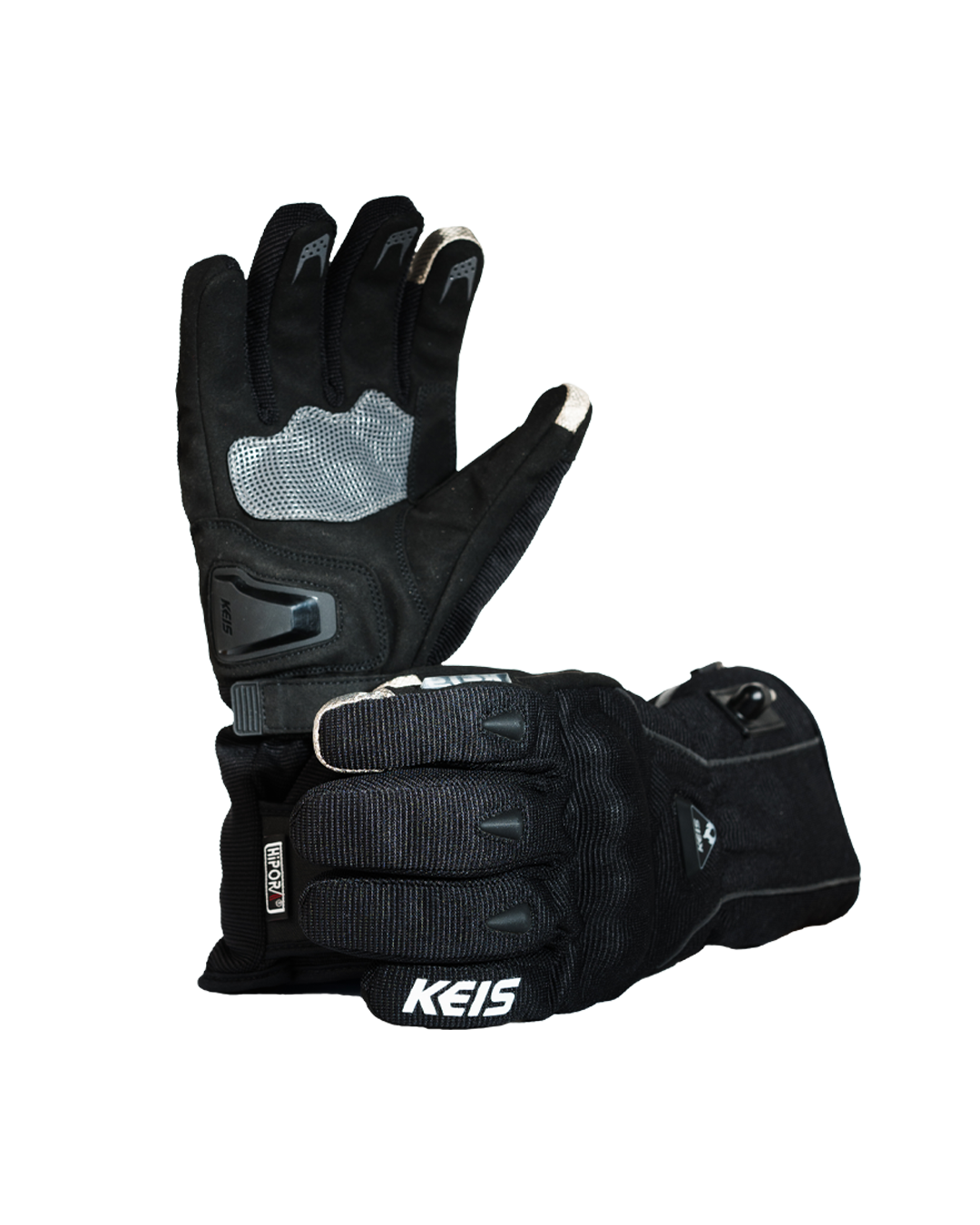 The two heated gloves stacked, the lower one palm-up showing its grip pad.