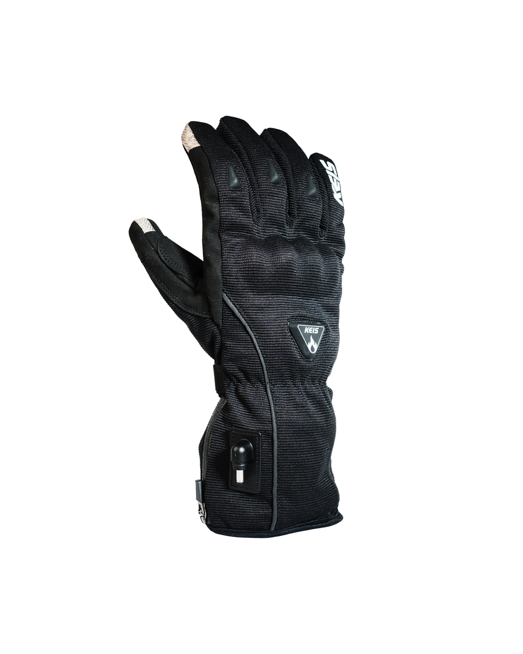 Back of a heated glove, a black textile gauntlet with ribbed knuckle padding.