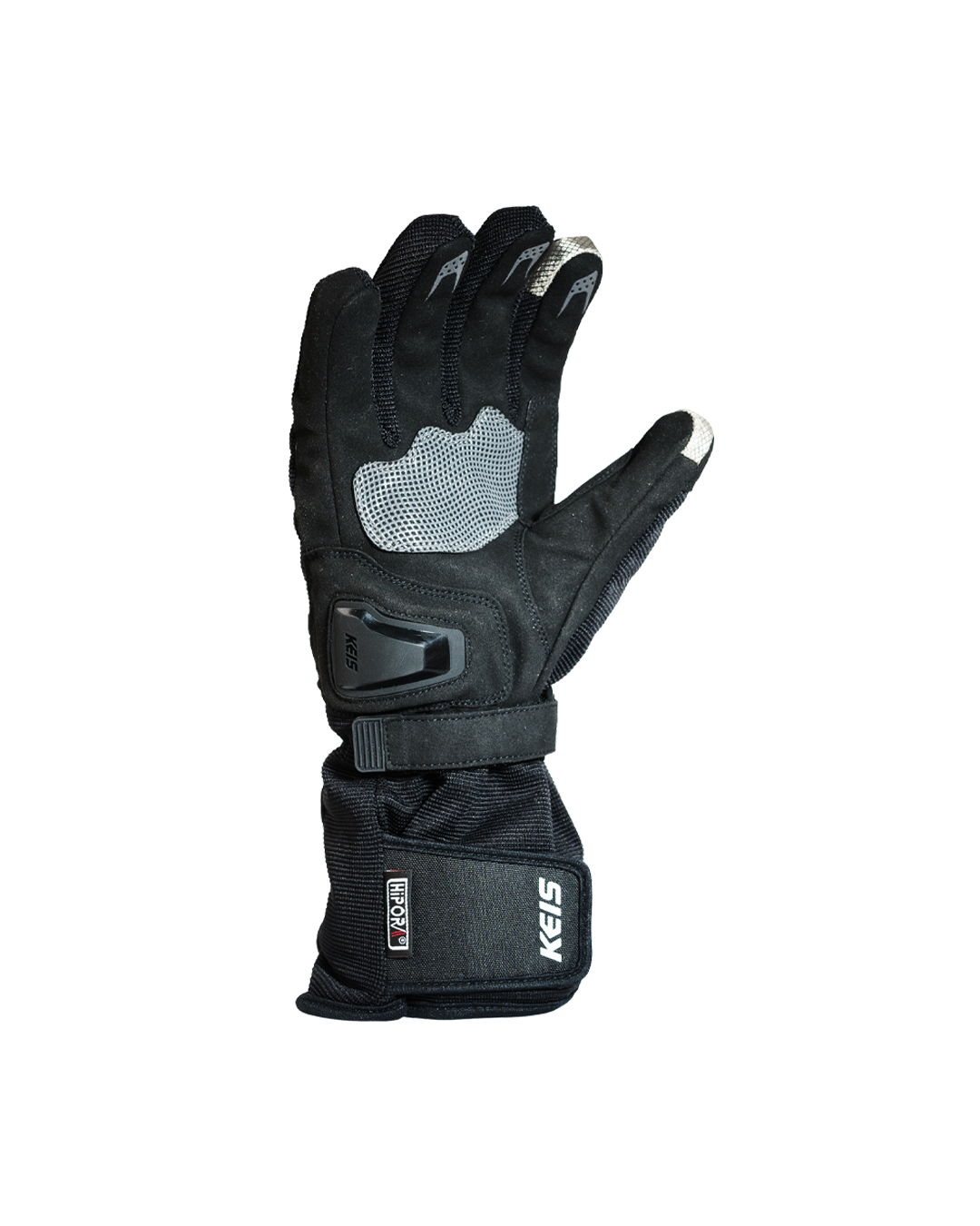 Palm of the heated glove, with the grey grip pad, touchscreen fingertips and the wide strap across the gauntlet.