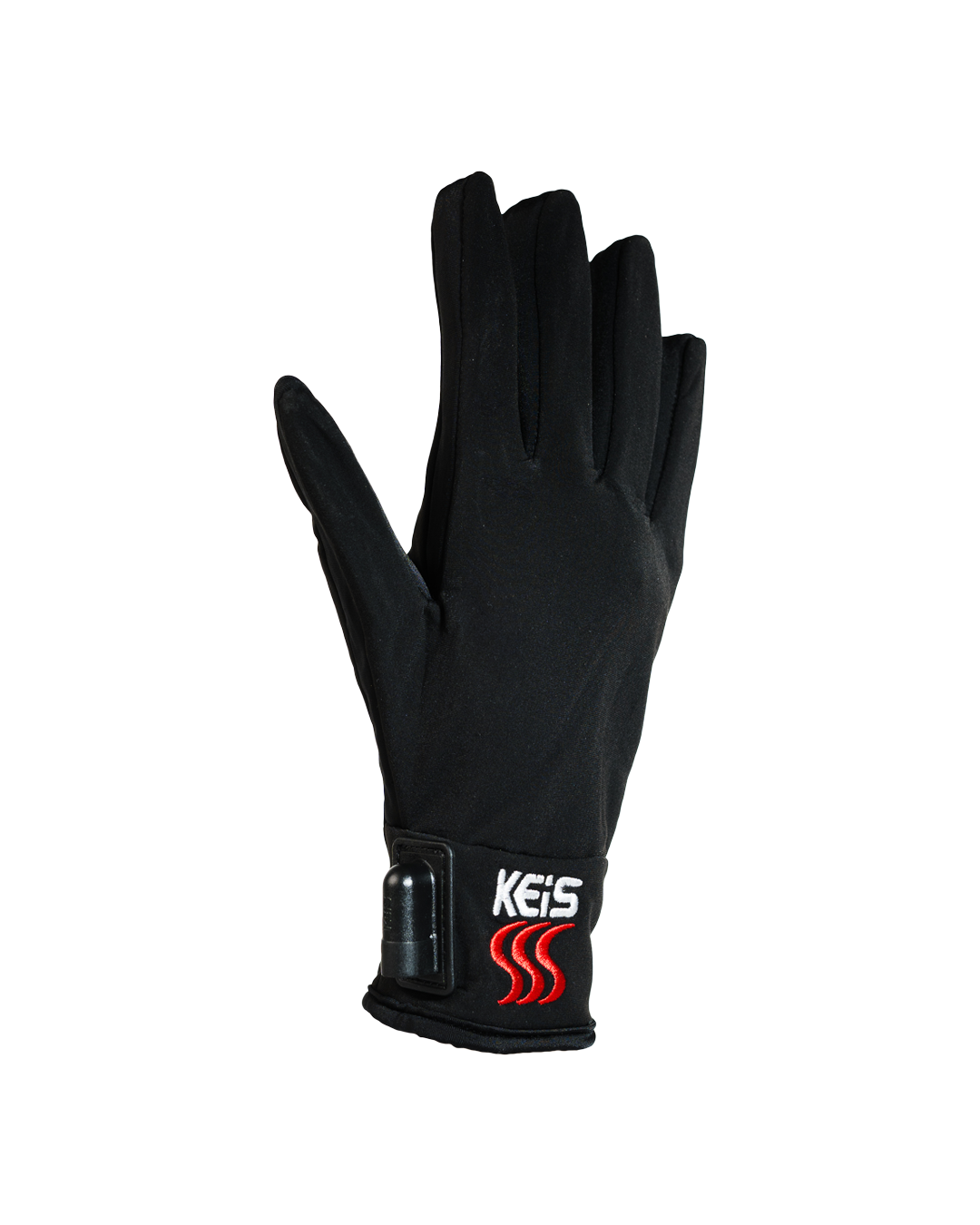 Back of a heated inner glove, with the KEIS flame logo on the cuff tab beside the power connector.